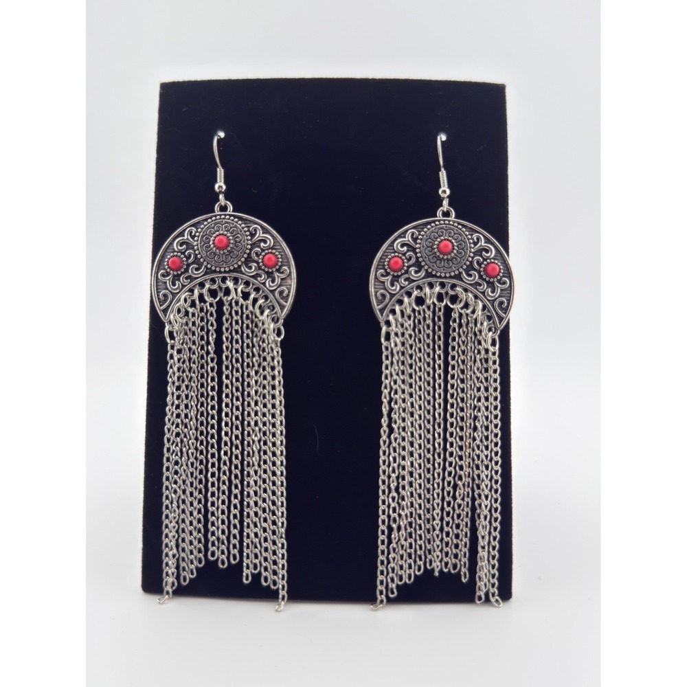 Paparazzi Lunar Melody Red Silver Fringe Boho Western Dangle Earrings